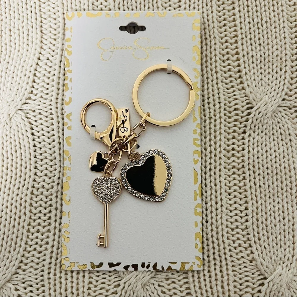 Jessica Simpson New Pave Crystal Heart and Key Keychain Bag Charm Accessory